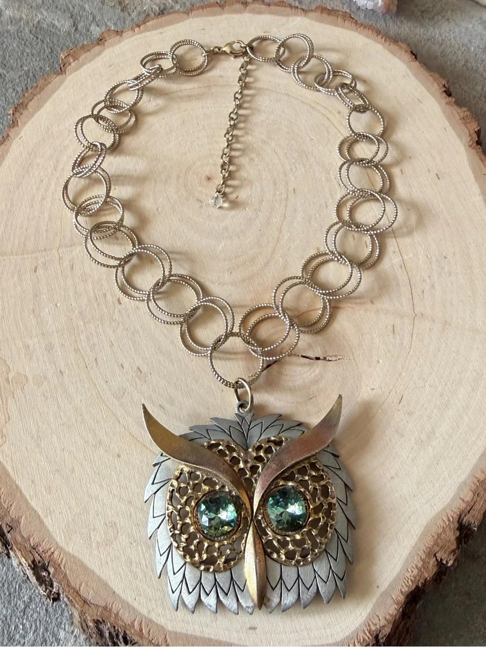 Upcycled Owl Choker Necklace with Green Rhinestone Eyes on Gold Tone Chain OOAK - Picture 7 of 10